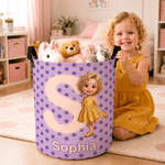 Personalised Polka Dot 3D-Style Character Artwork Photo Storage Laundry Basket with Name and Initial Children's Room Birthday Gift for Kids