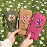 Personalized Multicolour Painted Birth Flower Tri-Fold PU Leather Wristlet Wallet with Card Holder and Name Birthday Anniversary Gift for Women Friends