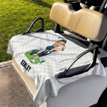 Spersonalizowana nakładka na siedzenie wózka golfowego z nadrukiem głowy postaci z kreskówki o tematyce golfowej i imieniem – prezent urodzinowy dla miłośników golfa