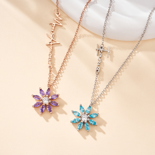 Personalized Flower Shape Birthstone Necklace with Name Daily Wear Anniversary Gift for Women Besties