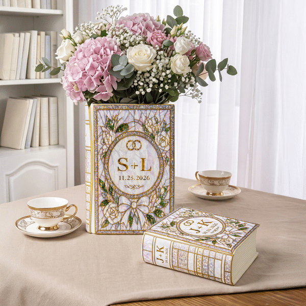 Personalised Flower Book Shape Ceramic Vase with Initials and Date Home Garden Decor Wedding Birthday Anniversary Gift for Bride Book Lover