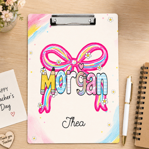 Personalized Pink Bow Colorful Surname Portable Clipboard with Name Teacher's Day Appreciation Birthday Gift for Teachers