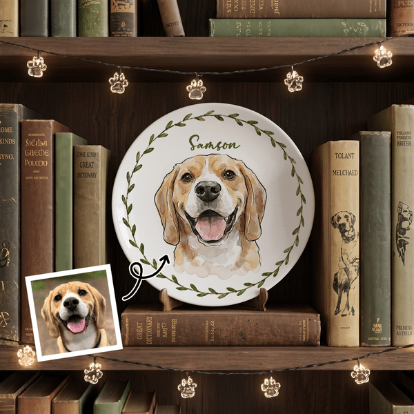 Personalized Watercolor Cartoon Pet Photo Ceramic Platter with Name Christmas Pet Party Anniversary Gift for Pet Lovers