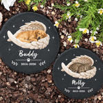 Personalisierter runder, herzförmiger Gartenstein mit Engelsflügeln und Foto Ihres Haustieres, mit Namen und Jahr – Gartendekoration und Gedenkgeschenk für Hunde- und Katzenbesitzer