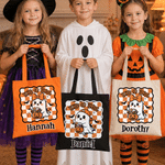 Henkilökohtainen, hauska Halloween-kurpitsa-aave-aiheinen ”Trick or Treat” -kangaskassi, jossa on nimi – Halloween-juhlan lahja perheelle ja lapsille