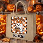 Personalised Halloween Cartoon Ghost Bat Large Capacity Jute Bag with Name Halloween Party Trick or Treat Activity Gift for Kids