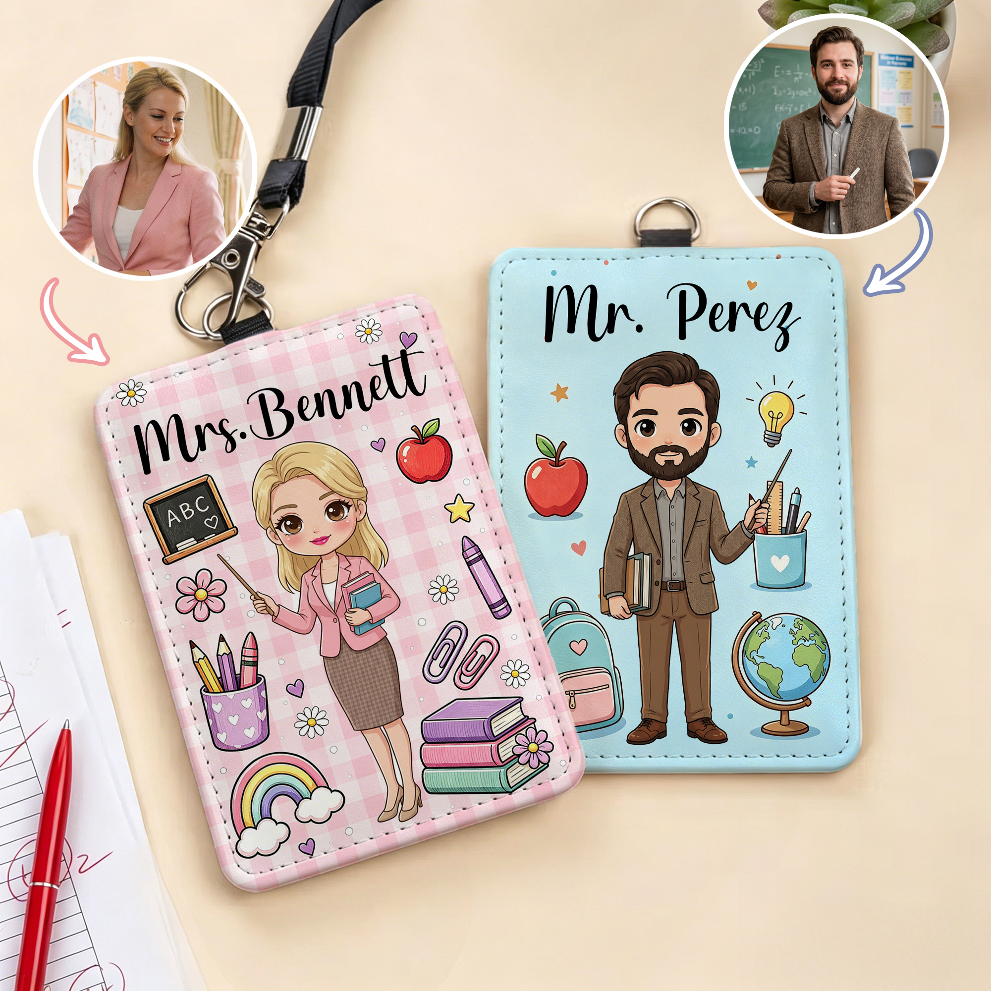 Individuell gestalteter Ausweishalter aus PU-Leder mit Cartoon-Figur, Aufhängeschlaufe und Schriftzug – Geschenk zum Schulanfang und zum Lehrertag für Lehrer und Pädagogen