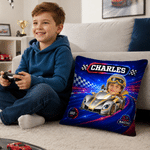 Personalised Fantasy Racing Car Photo Soft Cushion Cover with Name Home Decor Back to School Birthday Gift for Kids