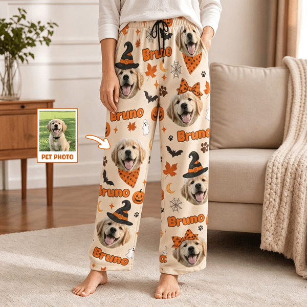 Personalized Halloween Theme Witch Hat Ghost Pumpkin Pet Face Photo Soft Pajama Pants with Name Halloween Gift for Pet Owner Lover