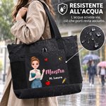 Borsa tote in tessuto Oxford personalizzata con testo e personaggio, tasche a rete, capiente e resistente all'acqua - Regalo per festa dell'insegnante