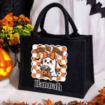 Personalised Halloween Cartoon Ghost Bat Large Capacity Jute Bag with Name Halloween Party Trick or Treat Activity Gift for Kids