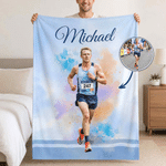 Personalised Watercolor Marathon Themed Soft Throw Blanket with Photo and Name Home Decor Marathon Race Day Birthday Gift for Marathon Runners