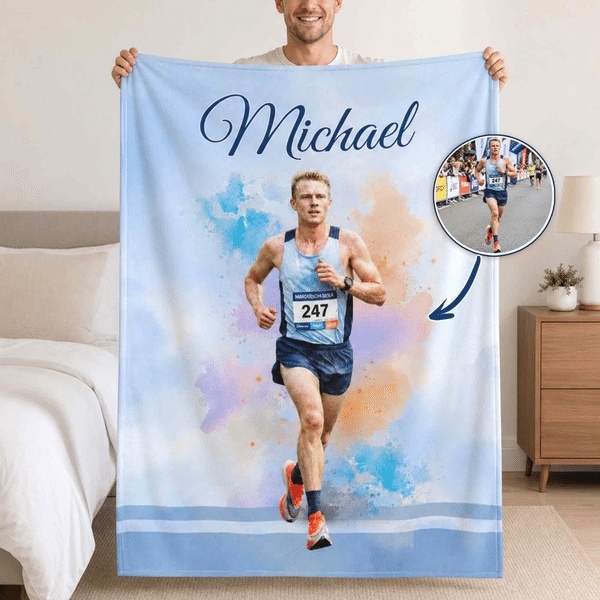 Personalized Watercolor Marathon Themed Soft Throw Blanket with Photo and Name Home Decor Marathon Race Day Birthday Gift for Marathon Runners