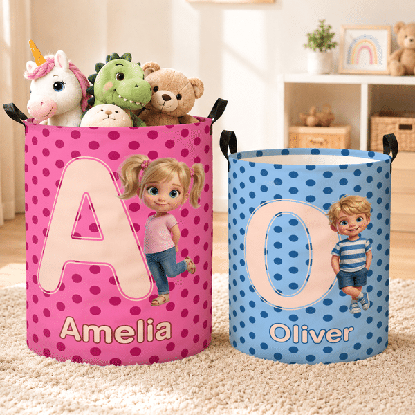 Personalised Polka Dot 3D-Style Character Artwork Photo Storage Laundry Basket with Name and Initial Children's Room Birthday Gift for Kids