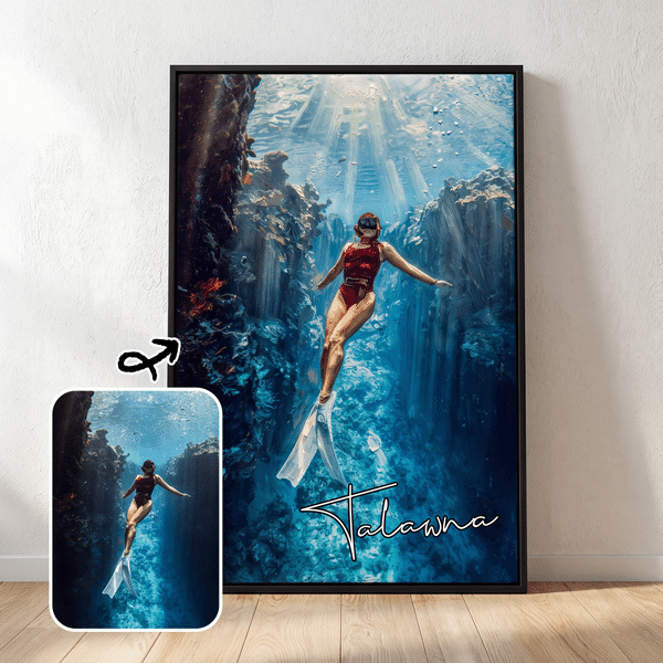 Personalised Oil Painting Style Diver Portrait Canvas Prints with Name Home Decor Ship from USA Birthday Housewarming Gift for Diving Lover Instructor
