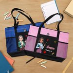 Borsa tote in tessuto Oxford personalizzata con testo e personaggio, tasche a rete, capiente e resistente all'acqua - Regalo per festa dell'insegnante