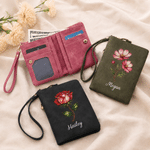 Personalized Multicolour Painted Birth Flower Tri-Fold PU Leather Wristlet Wallet with Card Holder and Name Birthday Anniversary Gift for Women Friends