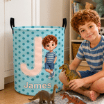 Personalised Polka Dot 3D-Style Character Artwork Photo Storage Laundry Basket with Name and Initial Children's Room Birthday Gift for Kids