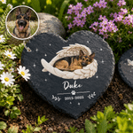 Personalisierter runder, herzförmiger Gartenstein mit Engelsflügeln und Foto Ihres Haustieres, mit Namen und Jahr – Gartendekoration und Gedenkgeschenk für Hunde- und Katzenbesitzer