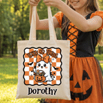 Henkilökohtainen, hauska Halloween-kurpitsa-aave-aiheinen ”Trick or Treat” -kangaskassi, jossa on nimi – Halloween-juhlan lahja perheelle ja lapsille