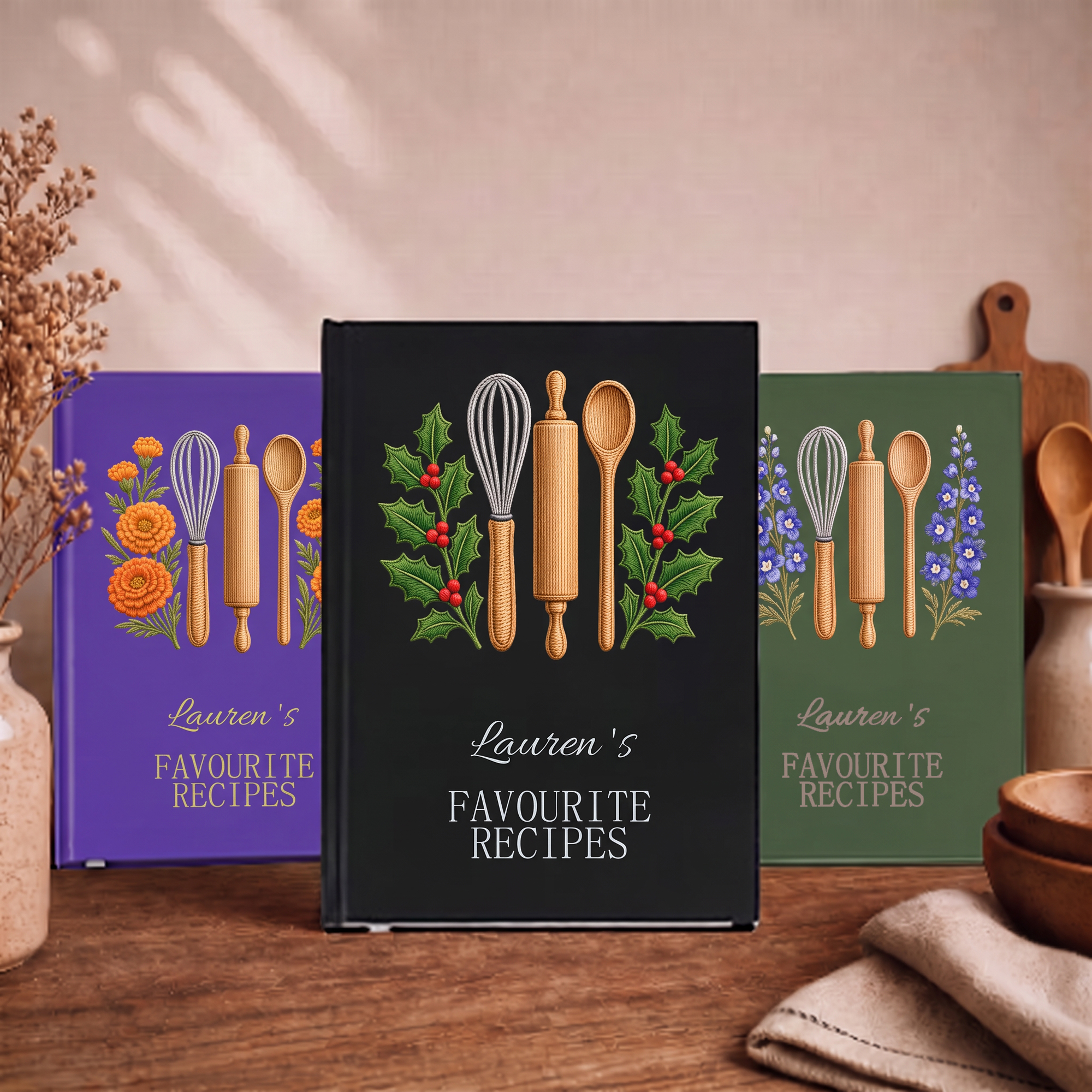 Individuell gestaltetes Notizbuch im minimalistischen Stil mit Stickerei-Effekt, Geburtsblume und Namen – für die Küche, als Geburtstagsgeschenk für Kochbegeisterte und Mütter