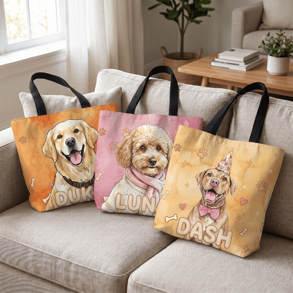 Personalized Watercolor Style Pet Photo Bone Paw Print Tote Bag with Zipper and Name Daily Outdoor Use Travel Birthday for Pet Lover