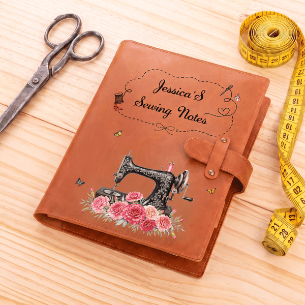 Personalised Sewing Machine Birth Flower A5 PU Leather Notebook Cover with Name and Pocket Daily Use Birthday Gift for Sewing Lovers
