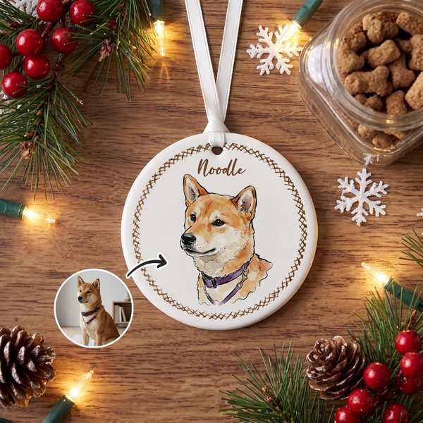 Personalized Watercolor Cartoon Pet Photo Ceramic Ornament with Name Christmas Tree Hanging Decor Christmas Pet Party Anniversary Gift for Pet Lovers