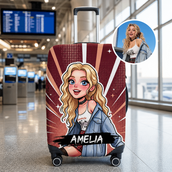 Personalized Comic Cartoon Style Photo Luggage Cover Fits 18-32 Inches Suitcase with Name Daily Use Travel Accessories Birthday Gift for Travel Lovers