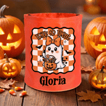 Personalised Pumpkin Ghost Checkered Pattern LED Light Trick or Treat Bag with Name Halloween Classroom Party Gift for Children