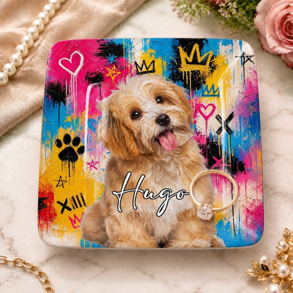 Personalized Graffiti Colorful Oil Painting Style Pet Photo Square Ceramic Trinket Jewelry Dish with Name Daily Use Birthday Gift for Pet Owner Lover