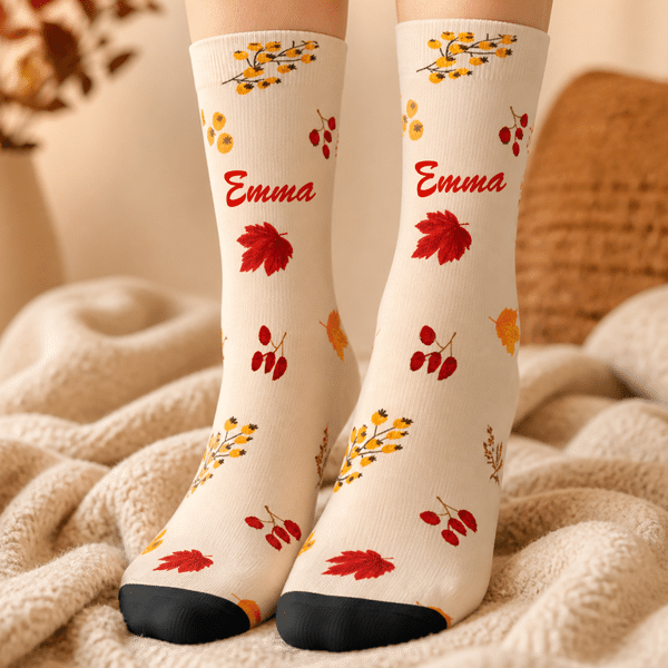 Personalized Fall Pumpkin Maple Leaf Flower Cozy Warm Socks with Name Birthday Anniversary Gift for Friends Family