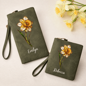 Personalized Multicolour Painted Birth Flower Tri-Fold PU Leather Wristlet Wallet with Card Holder and Name Birthday Anniversary Gift for Women Friends