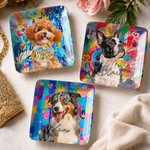 Personalized Graffiti Colorful Oil Painting Style Pet Photo Square Ceramic Trinket Jewelry Dish with Name Daily Use Birthday Gift for Pet Owner Lover