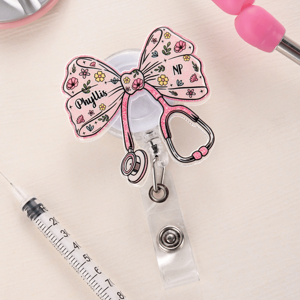 Personalised Faux Glitter Pink Bow Stethoscope Badge Reel with Name Nurses' Day Appreciation Birthday Gift for Doctor Nurse