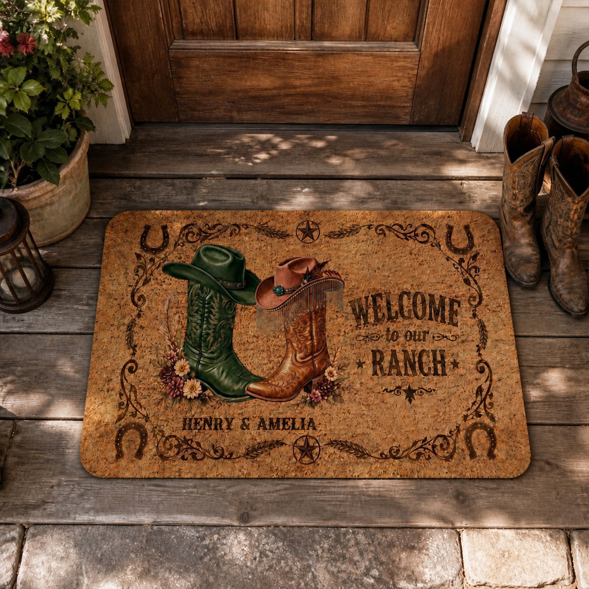 Personalisierte Willkommens-Fußmatte für unsere Ranch – mit Westernstiefel- und Hut-Motiv sowie Namenszug – Wohnaccessoire und Einweihungsgeschenk für die Familie