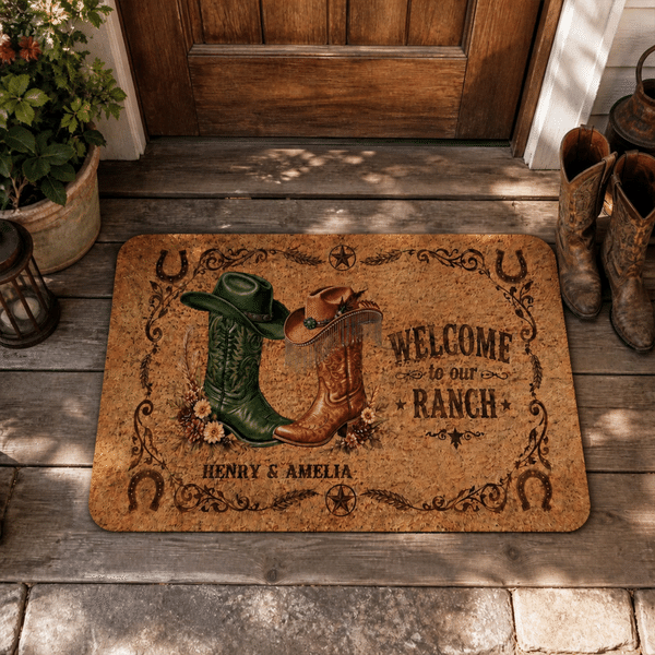 Personalized Welcome to Our Ranch Western Boots & Hat Pattern Design Doormat with Name Home Decor Housewarming Gift for Family