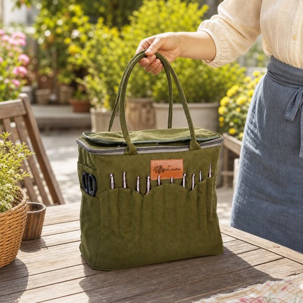 Personalised Birth Flower Multi-Compartment Storage Bag with PU Leather Name Label Anniversary Birthday Gift for Gran Knitting Lover