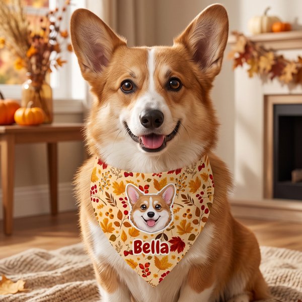 Personalized Fall Autumn Cartoon Pet Photo Bandana with Name Adjustable Buckle Pet Party Harvest Birthday Gift for Pet Owners Lovers