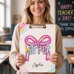 Personalized Pink Bow Colorful Surname Portable Clipboard with Name Teacher's Day Appreciation Birthday Gift for Teachers
