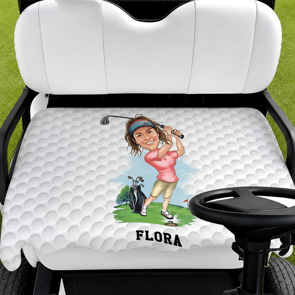 Spersonalizowana nakładka na siedzenie wózka golfowego z nadrukiem głowy postaci z kreskówki o tematyce golfowej i imieniem – prezent urodzinowy dla miłośników golfa