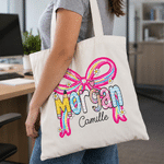 Personalised Bow Flower Large Capacity Canvas Bag with Surname and Name Daily Use Back to School Birthday Gift for Teachers