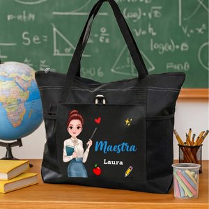 Borsa tote in tessuto Oxford personalizzata con testo e personaggio, tasche a rete, capiente e resistente all'acqua - Regalo per festa dell'insegnante