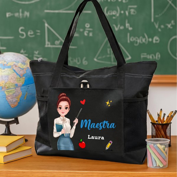 Borsa tote in tessuto Oxford personalizzata con testo e personaggio, tasche a rete, capiente e resistente all'acqua - Regalo per festa dell'insegnante