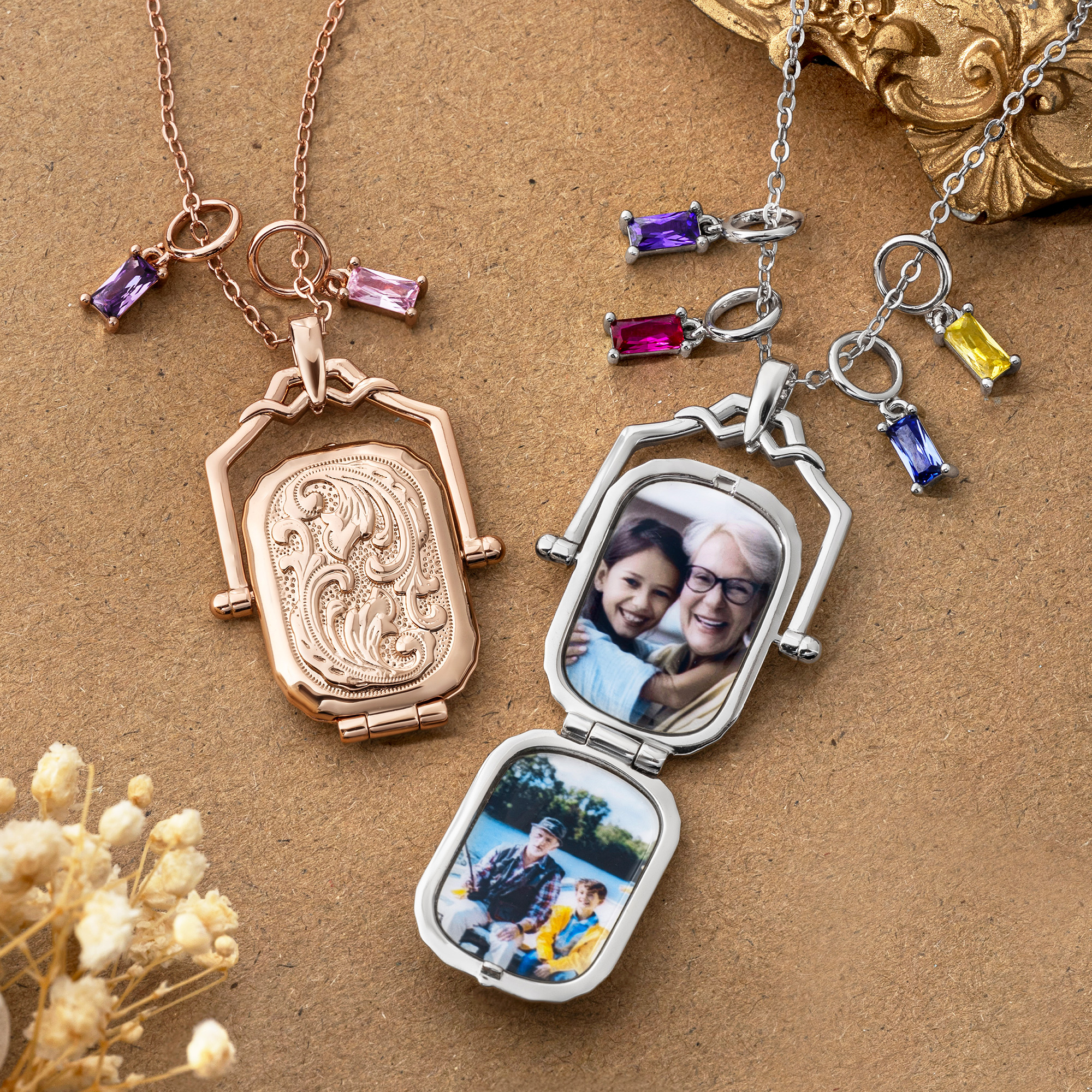 Individuell gestaltete antike viktorianische Medaillon-Halskette mit Geburtsstein, Foto und Text – zierlicher Schmuck als Gedenk- oder Geburtstagsgeschenk für Frauen