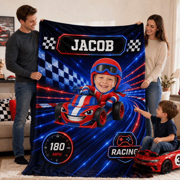Coperta morbida personalizzata con foto di un'auto da corsa da fantacalcio e nome - Decorazione per la casa - Regalo per il rientro a scuola e per il compleanno dei bambini