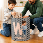 Personalised Polka Dot 3D-Style Character Artwork Photo Storage Laundry Basket with Name and Initial Children's Room Birthday Gift for Kids