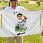Spersonalizowana nakładka na siedzenie wózka golfowego z nadrukiem głowy postaci z kreskówki o tematyce golfowej i imieniem – prezent urodzinowy dla miłośników golfa