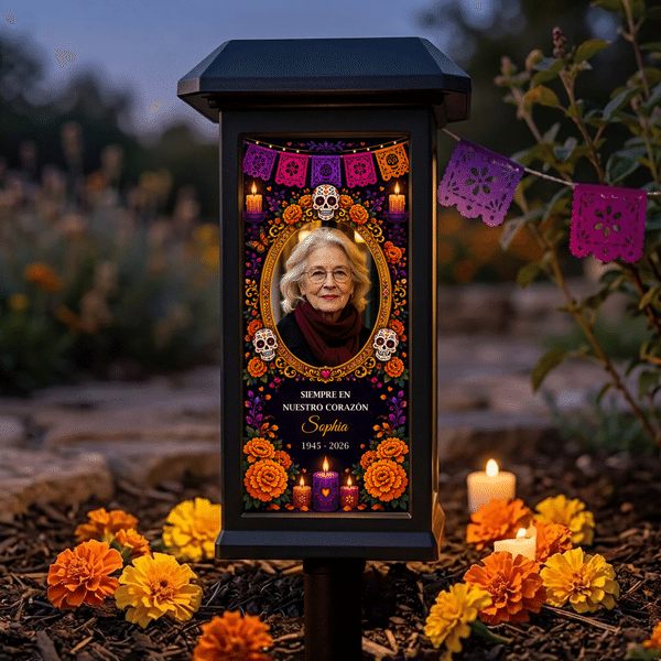 Personalised Skull Marigold Photo Solar Garden Light with Name Text and Year Garden Decor Day of the Dead Memorial Gift for Loss of Loved One