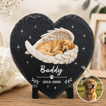 Personalisierter runder, herzförmiger Gartenstein mit Engelsflügeln und Foto Ihres Haustieres, mit Namen und Jahr – Gartendekoration und Gedenkgeschenk für Hunde- und Katzenbesitzer